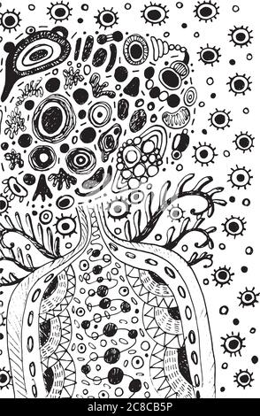 Surreal doodle cosmic alien man with wings on space. Fantasy abstract artwork for design, poster. Vector illustration Stock Vector