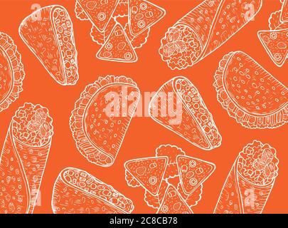 Mexican food orange background. Graphic doodle pattern with burrito, taco. Vector illustration Stock Vector