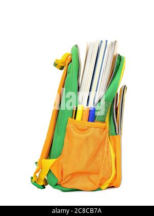 school bag with books on white Stock Photo