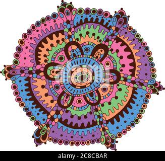 Doodle mandala art. Cartoon relax and meditative psychedelic artwork with pastel neon colors. Vector illustration Stock Vector