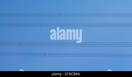 Texture of high voltage power lines against a bright blue sky. Stock Photo