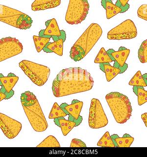 Mexican food seamless pattern. Doodle colorful cartoon background for restaurant menu or design. Vector illustration Stock Vector