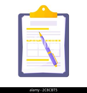 Clipboard with claim form on it, paper sheets, pen isolated on white background. Stock Vector