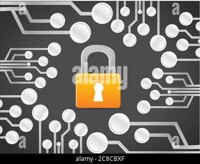 Lock security electronic circuit illustration design graphic background over black Stock Vector