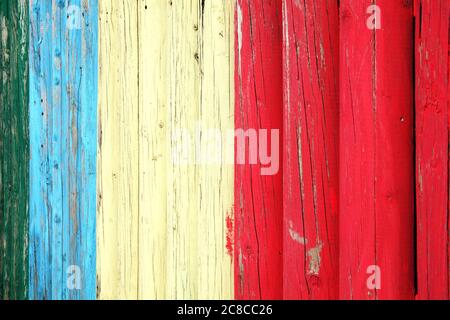 Old blue red and white weathered distressed wood board oak plank post background stock photo Stock Photo