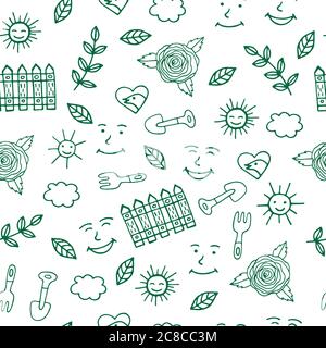 Sunny day for gardening seamless pattern with trovel and other e Stock Vector