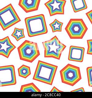 Seamless pattern with geometric rainbow figures - star, square and other. Artistic psychedelic background. Vector illustration Stock Vector