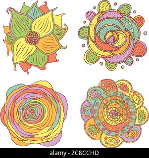 Doodle colorful psychedelic mandala set. Cartoon tribal ethnic floral ornaments. Vector illustration Stock Vector
