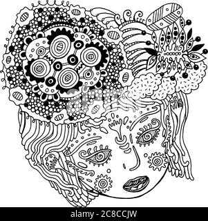 Fairy tale surreal girl portrait. Doodle woman s head with hair Stock Vector