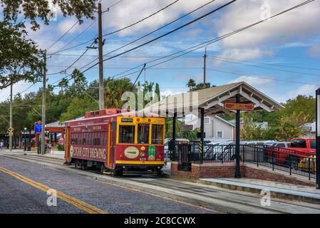 Tampa, Florida, USA - January 11, 2020 : TECO Line Streetcar operating from Tampa Bay to the historic Ybor City. Stock Photo
