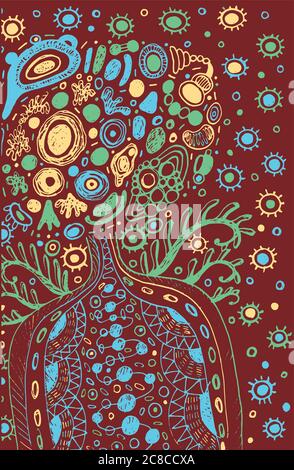 Surreal doodle cosmic alien man with wings on space. Colorfu fan Stock Vector
