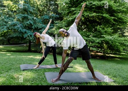 Multiethnic couple, African man and Caucasian woman, doing sport, stretching and yoga outdoors in green park during morning sunrise. Doing yoga Stock Photo