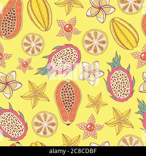 Tropical fruit seamless pattern with yellow background. Colorful Stock Vector