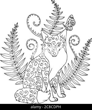 Tribal ornated zentangle fox with forest fern. Artwork fot color Stock Vector