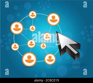 Social media connections and cursor. illustration design over a blue background Stock Vector