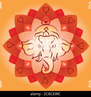 Ganesh Head on Lotus Mandala Background - Red Orange Colors Stock Vector