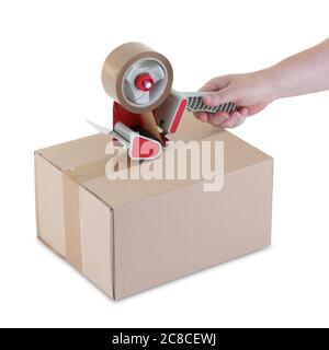 Hand taping a box with parcel tape dispenser Stock Photo