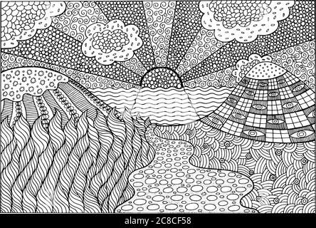 Psychedelic landscape. Coloring page for adults. Sea sunset.Sun, ocean