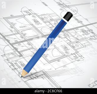 Drawing pencil and blueprints. illustration design over a white background Stock Vector