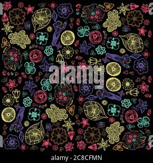 Floral pattern with doodle flowers and leaves on the black backg Stock Vector