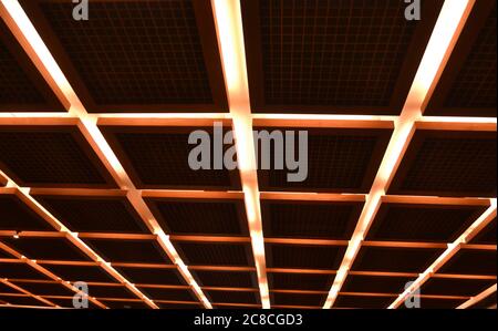 Modern lobby ceiling with led light and domus, symmetrical style, bottom-up view, abstract reflection, Brazil, South America Stock Photo