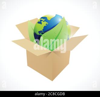 Globe and leaves inside a brown box. illustration design over a white background Stock Vector