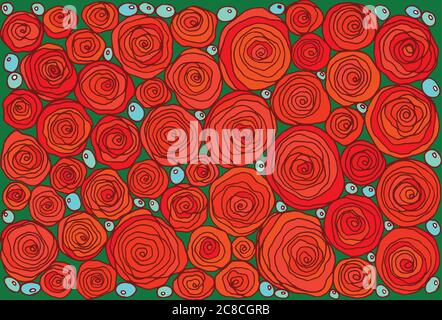 Red doodle cartoon simple roses. Floral art graphic page. Vector Stock Vector