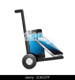 Set of smart phones on a dolly. illustration design over a white background Stock Vector