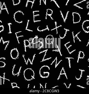 Doodle scratch hand drawn alphabet seamless pattern. Scribble wh Stock Vector