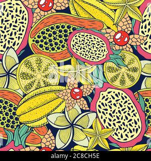 Tropical exotic fruits - seamless pattern. Doodle graphic art ba Stock Vector