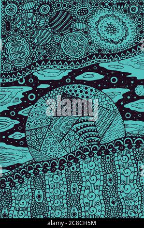 Doodle surreal fantastic art with planet and cosmic landscape. O Stock Vector