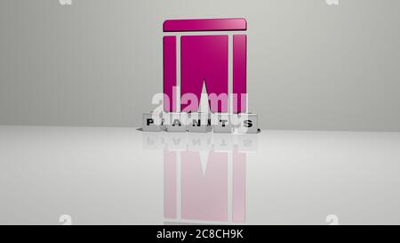 3D representation of PANTS with icon on the wall and text arranged by metallic cubic letters on a mirror floor for concept meaning and slideshow presentation. background and white Stock Photo