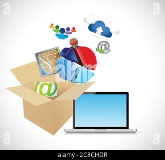 Laptop and box full of app and tools. illustration design over a white background Stock Vector