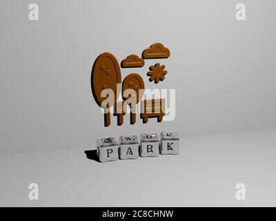 3D graphical image of PARK vertically along with text built by metallic cubic letters from the top perspective, excellent for the concept presentation and slideshows. beautiful and national Stock Photo