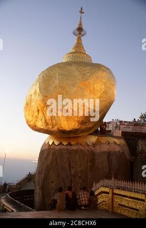 Myanmar, Mon State, Kyaiktiyo Pagoda (Golden Rock Pagoda) A balanced rock covered in gold leaf, major Buddhist stupa and pilgrim site, Stock Photo