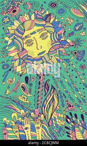 Flower woman - psychedelic colorful art. Surreal fantasy doodle Stock Vector