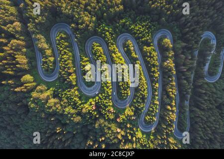 Aerial landscape of mountain winding road, in Transylvania Stock Photo