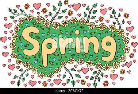 Mandala and Spring word. Doodle lettering colorful artwork. Vect Stock Vector