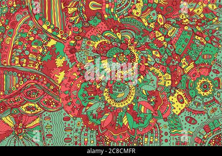 Psychedelic colorful doodle background. Hand drawn pattern with Stock Vector