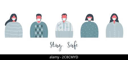 People in medical masks. Stay safe concept. Men and women keep a distance. People icons. Vector illustration in flat style Stock Vector
