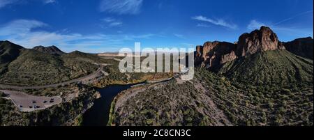 Aerial panoramic image over the Lower Salt River in Arizona, looking northeast towards the Fourpeaks Wilderness Area and Saguaro Lake. Stock Photo