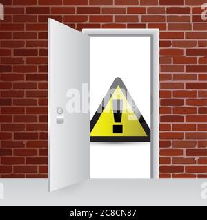 Warning sign and open door illustration design over a brick wall background Stock Vector