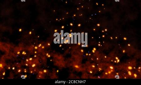Burning red hot flying sparks fire in the night sky illustration Stock ...