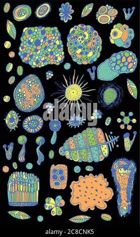 Moss and floral botanical elements set. Neon colored graphic art Stock Vector