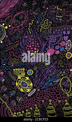 Starry sky. Psychedelic sketch colorful background. Neon colors. Memphis style. Vector illustration art Stock Vector
