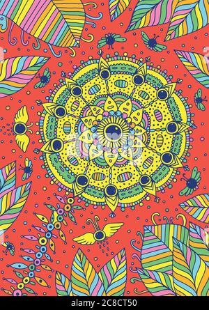 Flower, leaves, flies and sky - fantastic psychedelic backround. Hand drawn illustration. Vector illustration Stock Vector