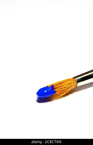 Artists paint brush loaded with blue paint isolated on a white background Stock Photo