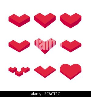 Isometric red heart set. 3D Heart icons. Heart logo concept. Valentine's Day illustration concept isolated Stock Vector