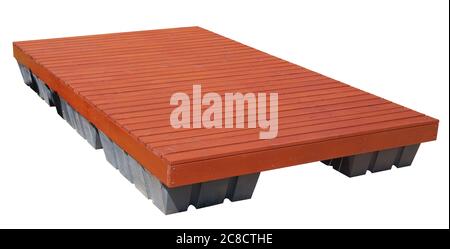 The floating pontoon for the village pond is made of wooden boards and plastic floats. Isolated on white Stock Photo