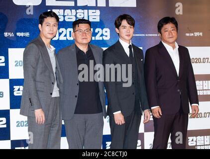 Seoul, South Korea. 23rd July, 2020. (L to R) South Korean actors Jung Woo-sung, director Yang Woo-seok, Yoo Yeon-seok and Kwak Do-won, attend a press conference for the film Steel Rain 2: Summit at Lotte Cinema in Seoul, South Korea on July 23, 2020. The film will be open on July 29. (Photo by: Lee Young-ho/Sipa USA) Credit: Sipa USA/Alamy Live News Stock Photo